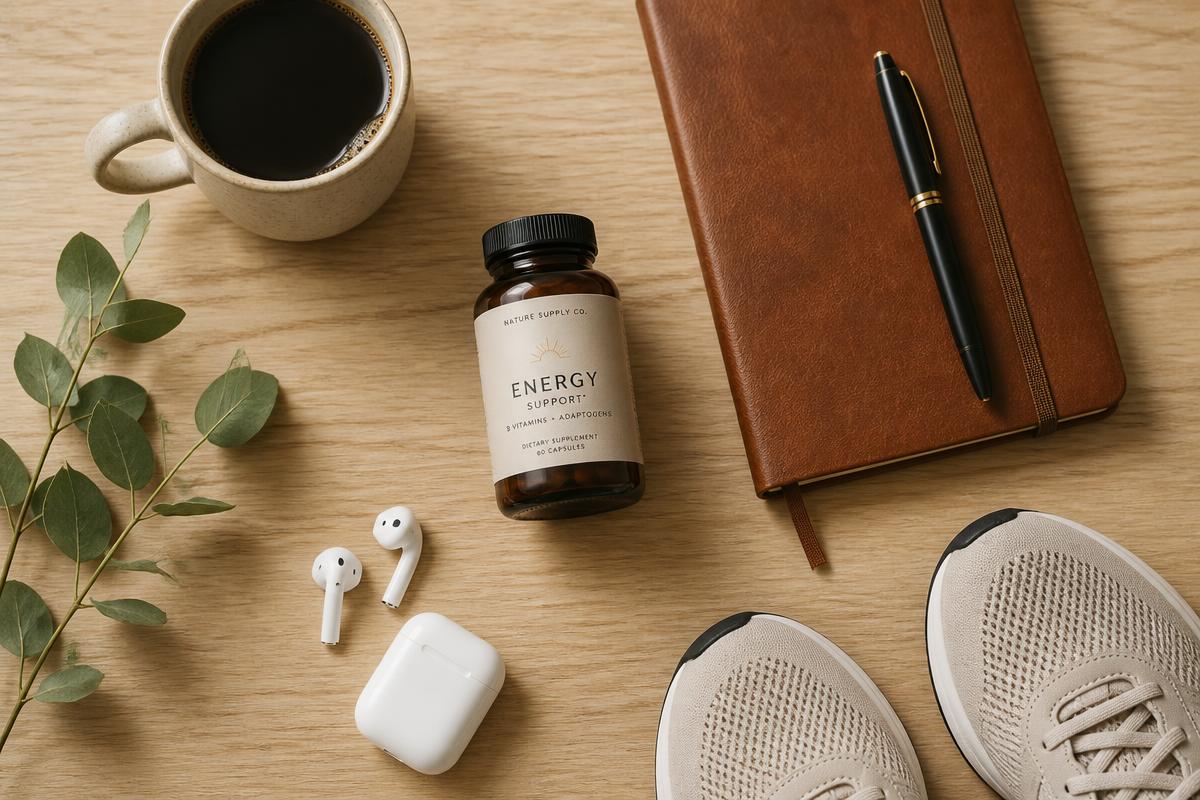 Wellness flat lay with coffee, notebook, earbuds and running shoes