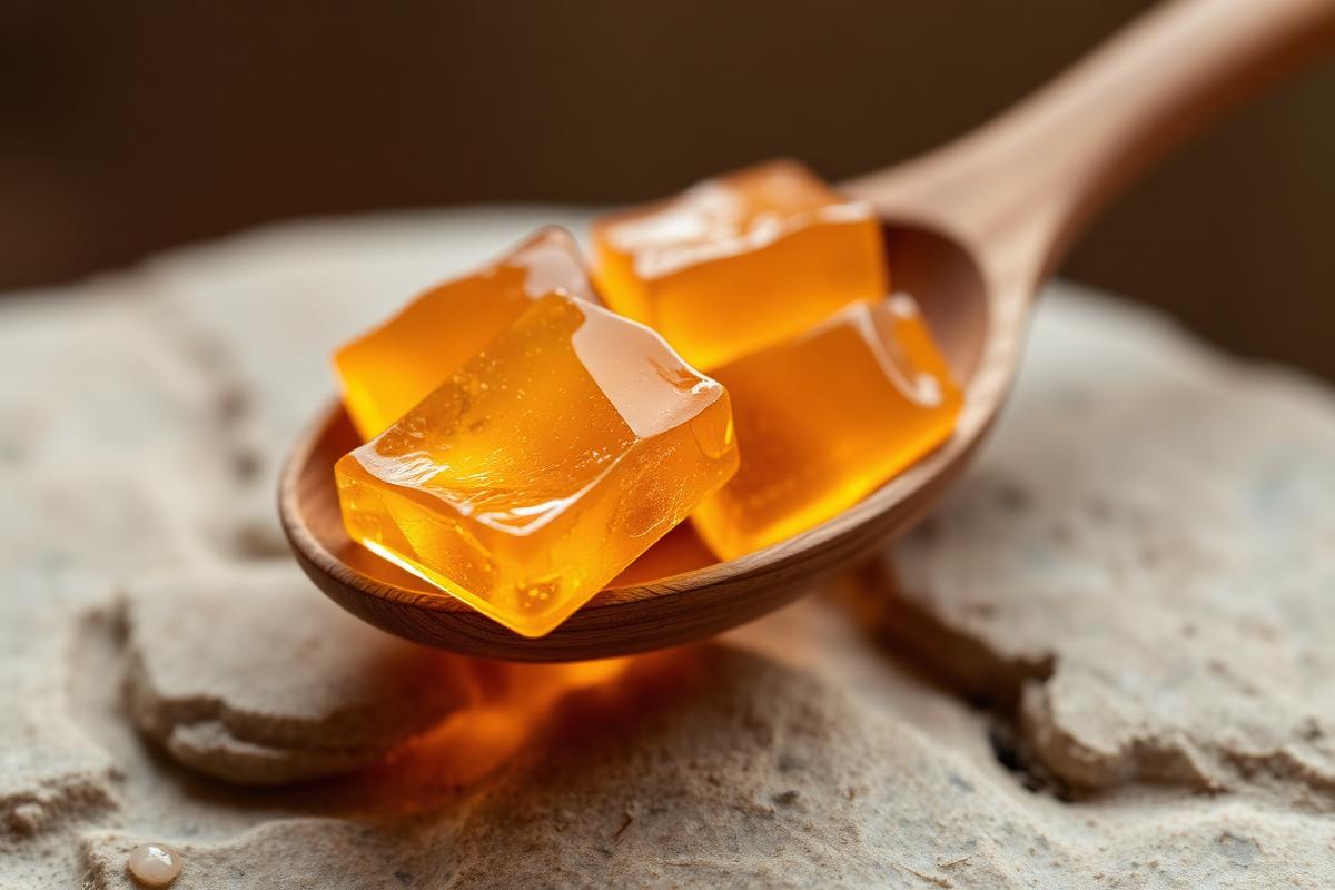 Amber JellyBoost gummies resting in a wooden spoon