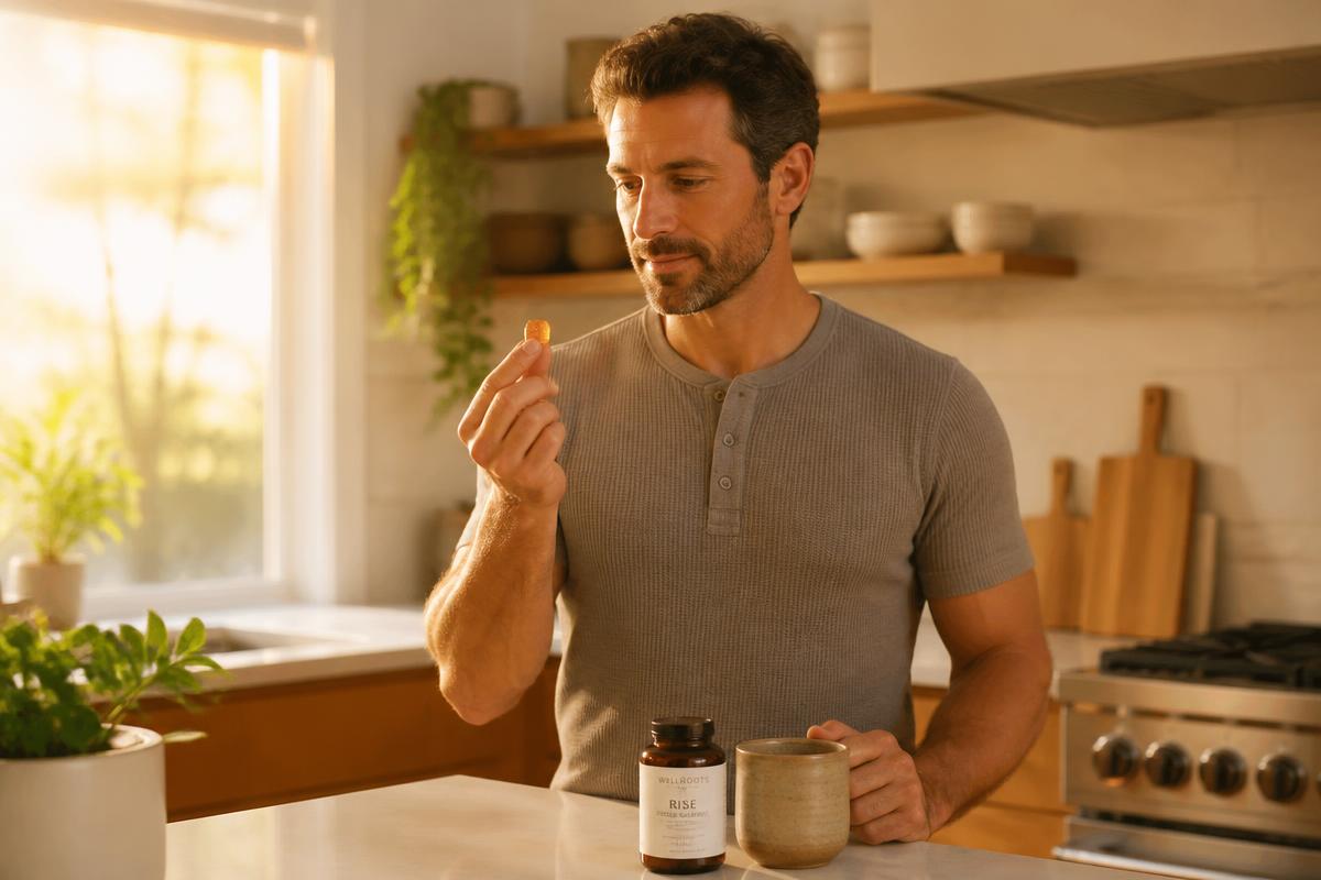 Man taking a morning supplement gummy with coffee in a sunlit kitchen